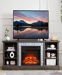 Streamdale Furniture Large Tv Desk Storage Rack with Faux Stacked Stone Surround, Media Console Table with Large Storage Cabinet, Modern Tv Stand with