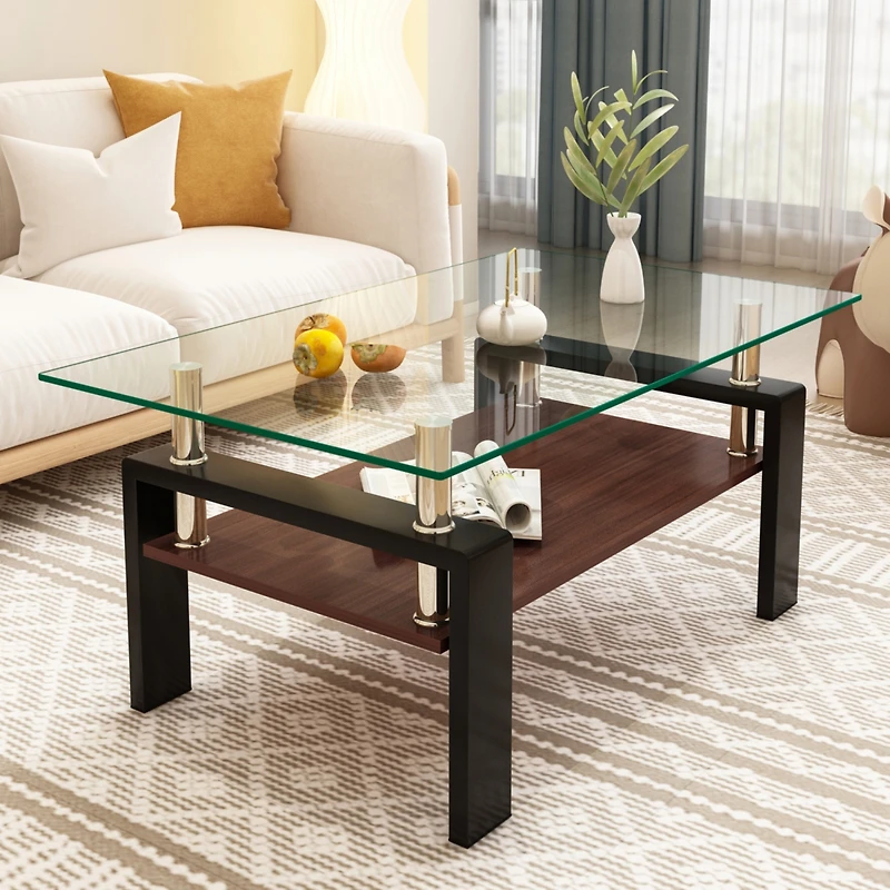 Streamdale Furniture Rectangle Coffee Table, Tempered Glass Tabletop with Mdf Layer, Modern Table for Living Room, Transparent Glass