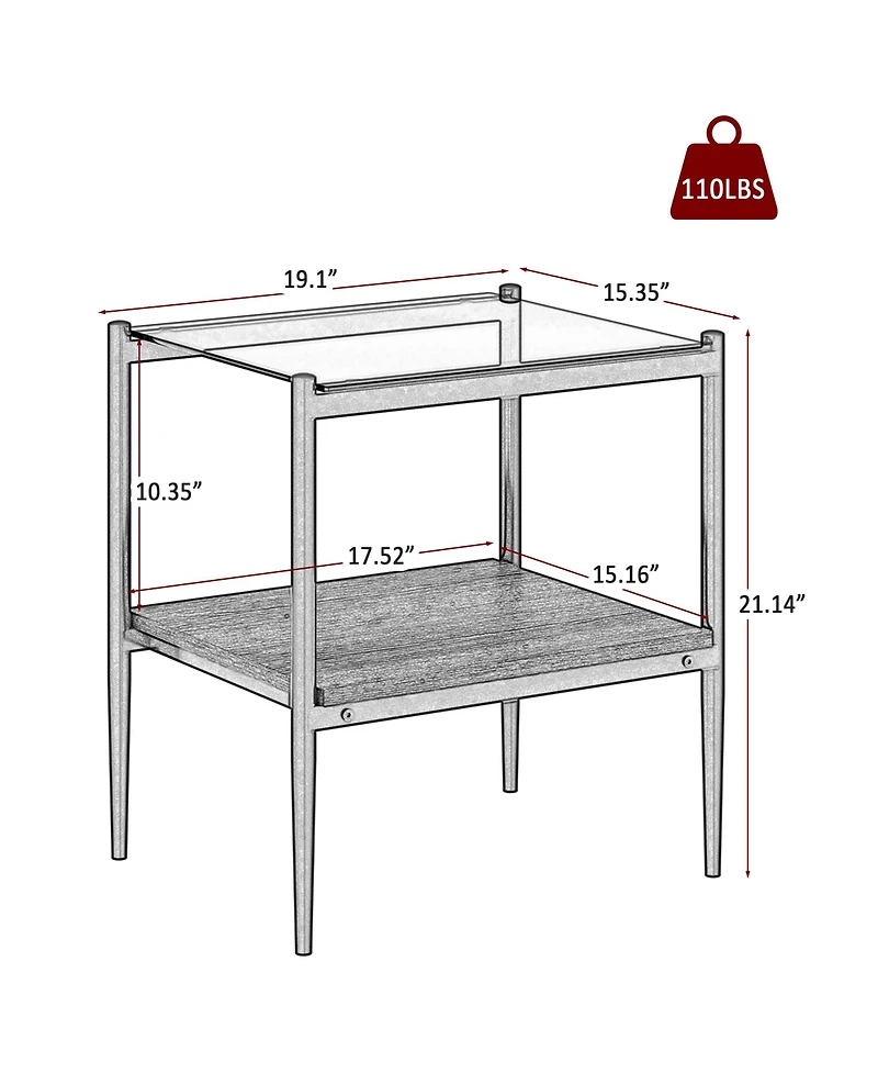 Set of 2 Rectangle End Table, Tempered Glass Tabletop with Mdf layer, Modern Table for Living Room, Gray Glass
