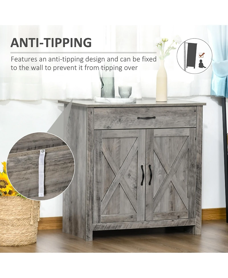 Farmhouse Sideboard Buffet Cabinet, Barn Door Style Kitchen Cabinet, 32" Accent cabinet for Kitchen, Living Room or Entryway, Gray Wash