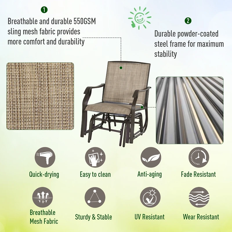 3 Piece Outdoor Glider Chair with Coffee Table Bistro Set, 2 Patio Rocking Swing Chairs with Breathable Sling Fabric, Glass Tabletop, for Backyard, Ga
