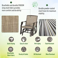 3 Piece Outdoor Glider Chair with Coffee Table Bistro Set, 2 Patio Rocking Swing Chairs with Breathable Sling Fabric, Glass Tabletop, for Backyard, Ga