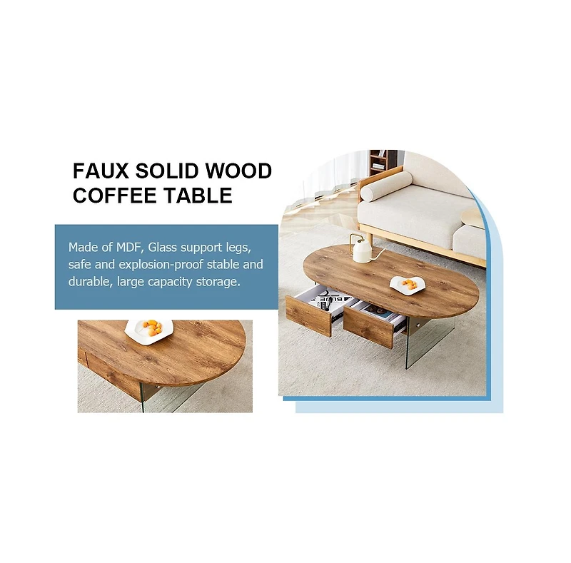 Streamdale Furniture Coffee table with double drawers. The board surface is Mdf sticker, and both sides are transparent tempered glass. The design is