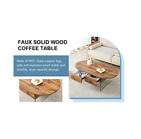 Streamdale Furniture Coffee table with double drawers. The board surface is Mdf sticker, and both sides are transparent tempered glass. The design is