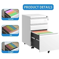 Streamdale Furniture 3 Drawer Mobile File Cabinet with Lock, Metal Filing Cabinets for Home Office Organizer Letters/Legal/A4,Fully Assembled, White