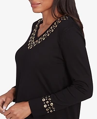 Ruby Rd. Petite Grommet Embellished Fine Gauge V-Neck Sweater