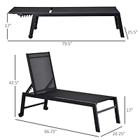 Outdoor Lounge Chair, Patio Lounger with 5-Position Reclining Backrest and 2 Wheels for Poolside, Beach, Lawn, Black