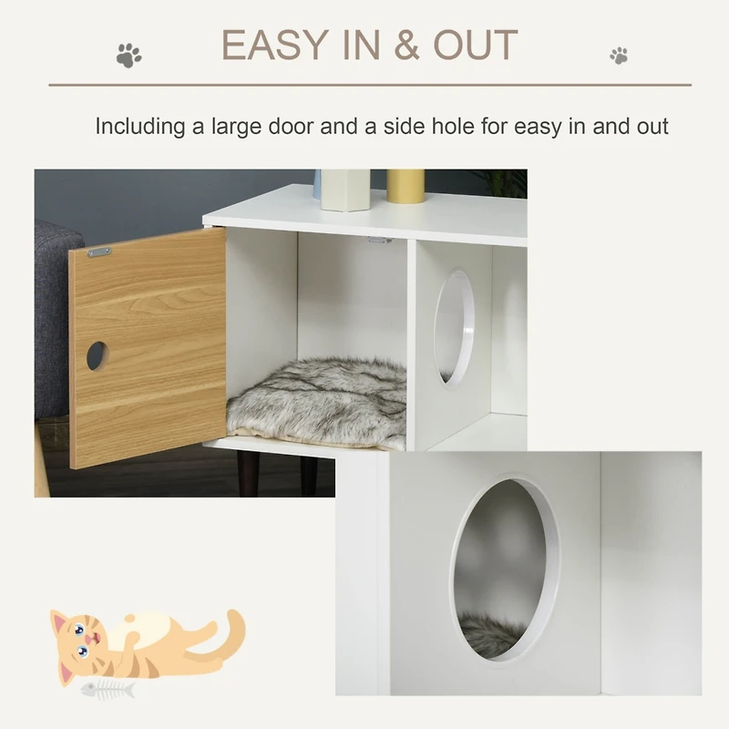Wooden Cat House with Soft Cushion, Decorative Kitten Condo Side Table, Elevated Pet House with Storage Space