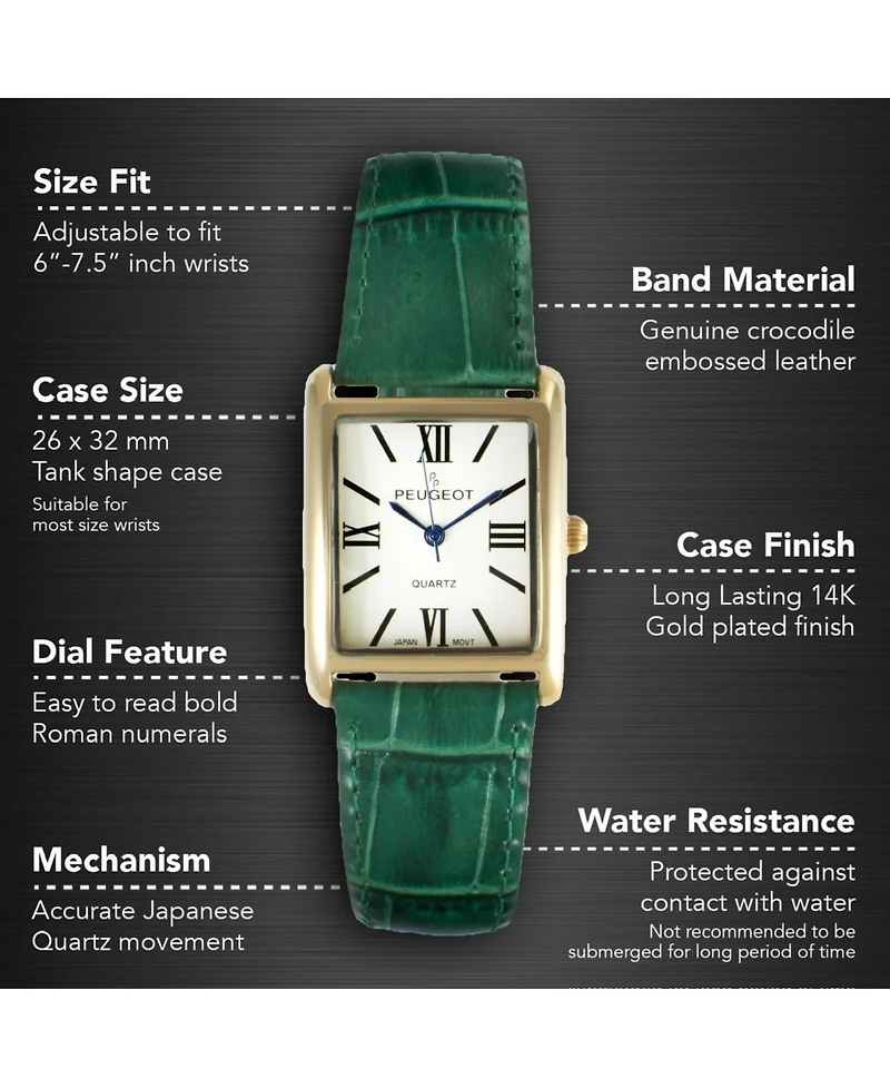 Peugeot Women's Tank Watch Roman Dial Green Leather Strap