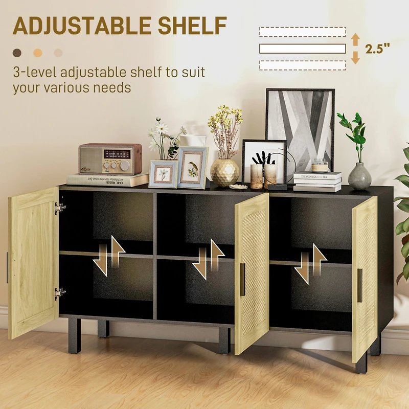 Sideboard Buffet Cabinet, Kitchen Cabinet, Coffee Bar Cabinet with 3 Rattan Doors and Adjustable Shelves, Black and Natural