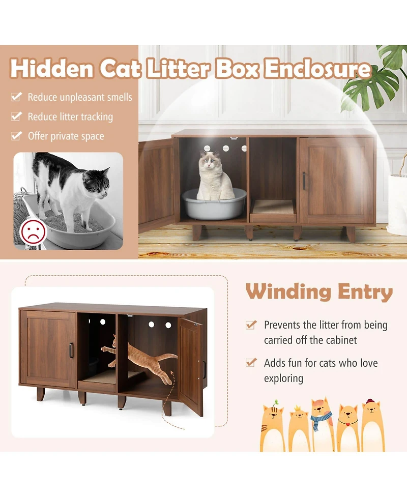Sugift 2 Doors Cat Litter Box Enclosure with Winding Entry and Scratching Board