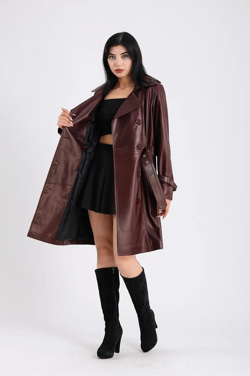 Furniq Uk Women's Leather Trench Coat, Burgundy , Created for Macy s