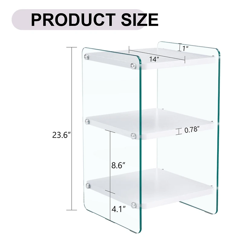 Streamdale Furniture Three levels of bedside tables. The board surface is Mdf, with white stickers, and both sides are transparent tempered glass. The