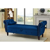 63-inch Storage Bench, modern velvet Ottoman, large capacity storage bench with armrest, suitable for living room, bedroom (H dark blue)