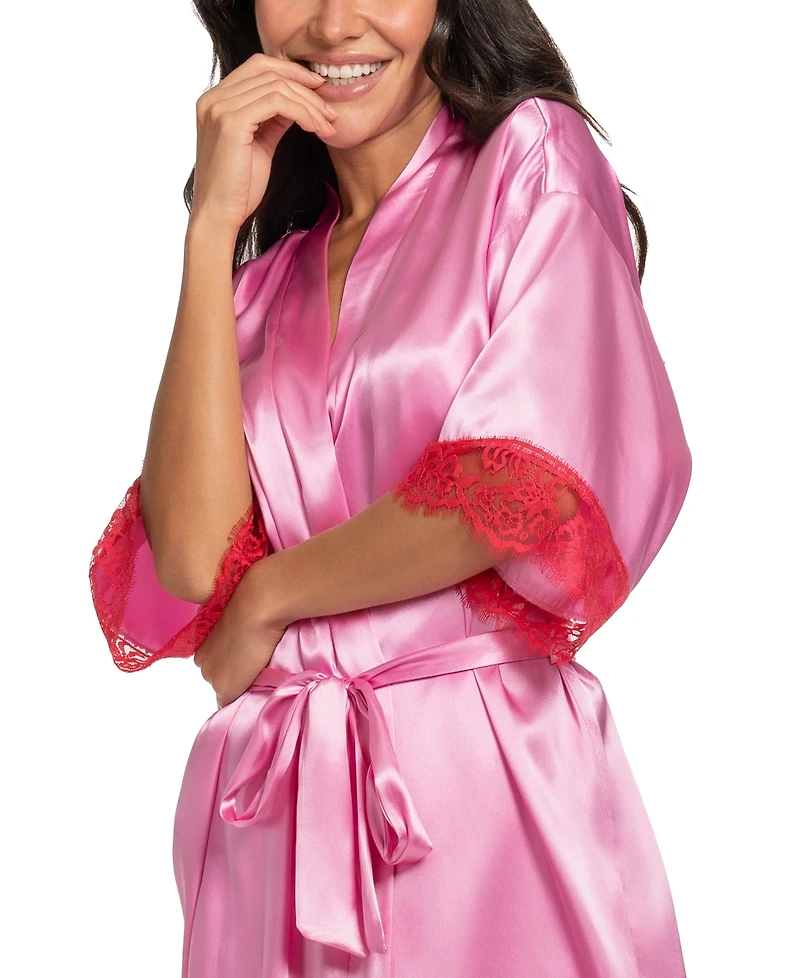 Linea Donatella Women's Pink Wrapper Satin Lace-Cuff Robe