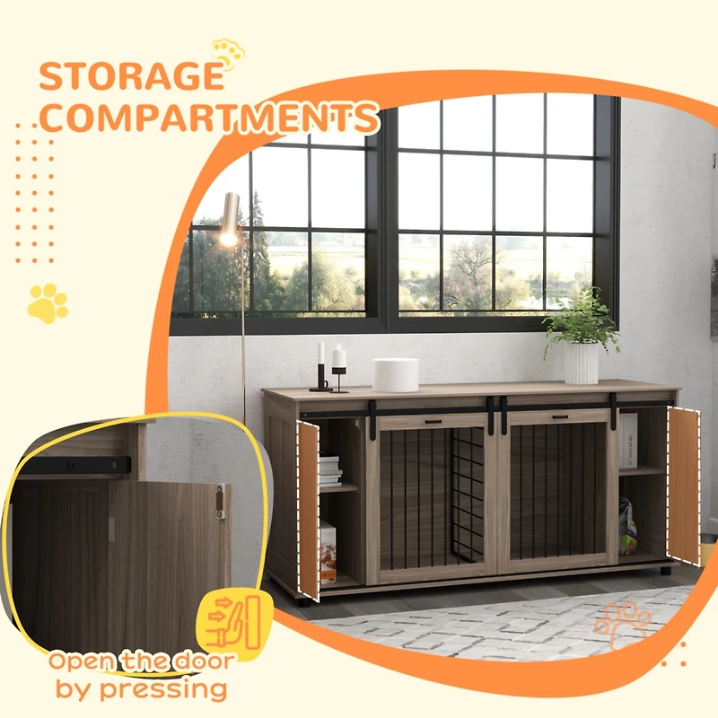 Streamdale Furniture Dog Crate Furniture with Removable Divider for 2 Small Dogs or 1 Large Dog, 71" Modern Dog Kennel Furniture End Table with Storag