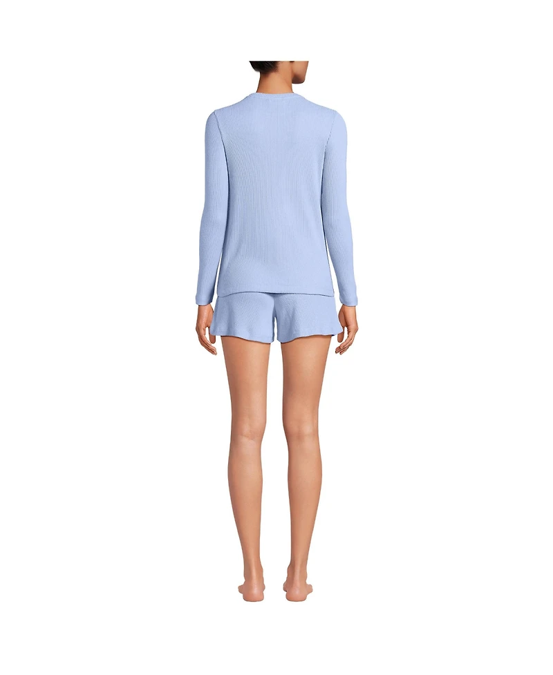 Lands' End Women's Cozy Brushed Rib 2 Piece Pajama Set - Long Sleeve Top and Shorts