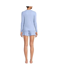 Lands' End Women's Cozy Brushed Rib 2 Piece Pajama Set - Long Sleeve Top and Shorts