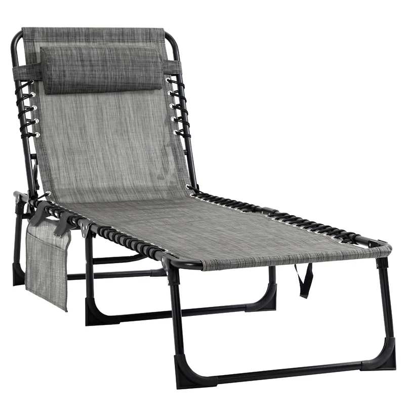 Reclining Chaise Lounge Chair, Portable Sun Lounger, Folding Camping Cot, with Adjustable Backrest and Removable Pillow, for Patio, Garden, Beach, Gre