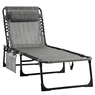 Reclining Chaise Lounge Chair, Portable Sun Lounger, Folding Camping Cot, with Adjustable Backrest and Removable Pillow, for Patio, Garden, Beach, Gre
