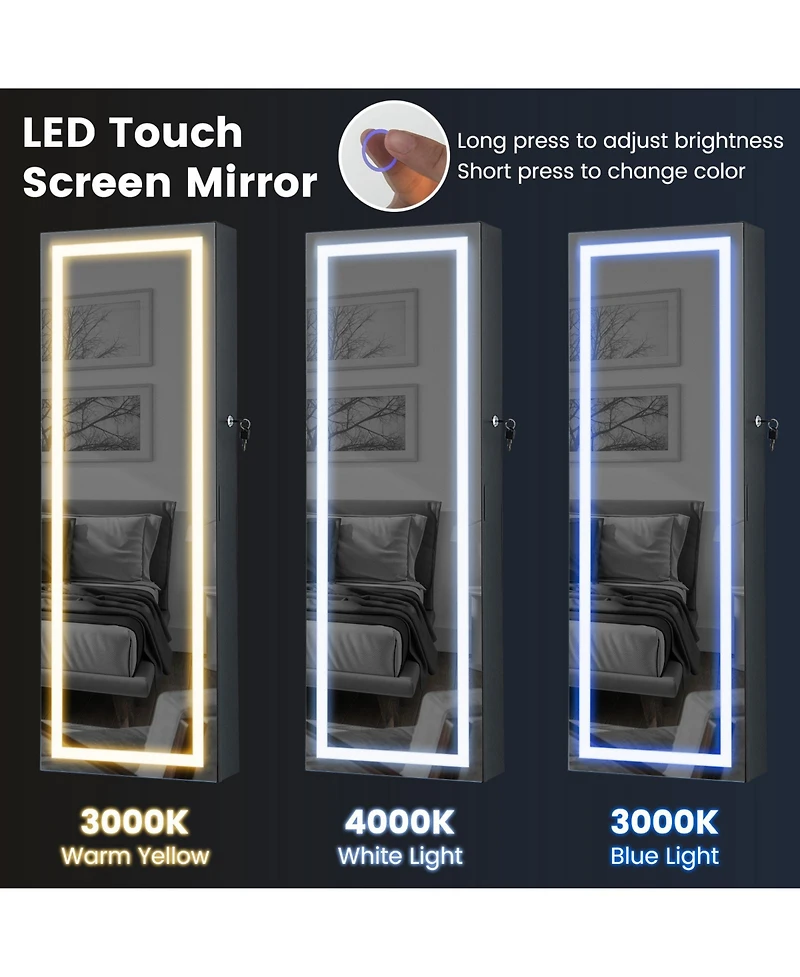 Sugift 42.5 Inches Lockable Jewelry Mirror Wall Cabinet with 3-Color Led Lights