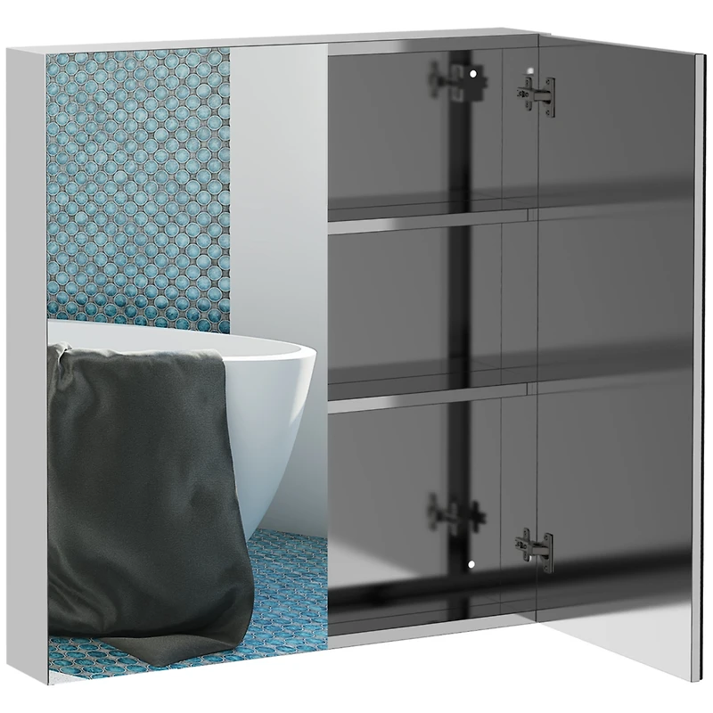 Bathroom Mirrored Cabinet, 24"x26" Stainless Steel Frame Medicine Cabinet, Wall-Mounted Storage Organizer with Double Doors, Silver