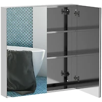 Bathroom Mirrored Cabinet, 24"x26" Stainless Steel Frame Medicine Cabinet, Wall-Mounted Storage Organizer with Double Doors, Silver
