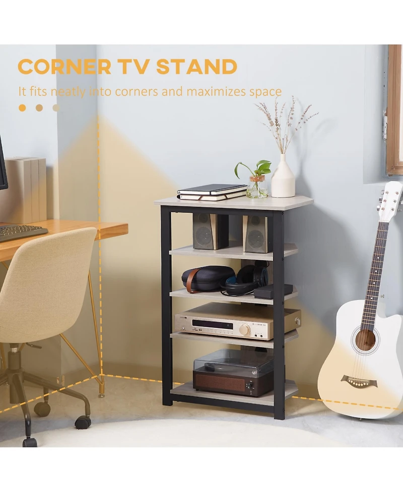 Tv Stand, Av Media Stand, Corner Audio Tower with Storage Shelves and Steel Frame, Living Room Storage, Gray