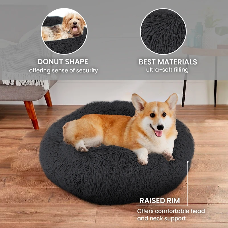 Details Calming Dog and Cat Bed, Soft Round Donut Bed for Pets, Super Lux