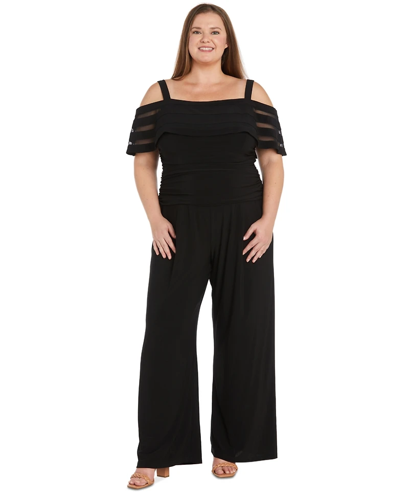 R & M Richards Plus Size Cold-Shoulder Wide-Leg Jumpsuit