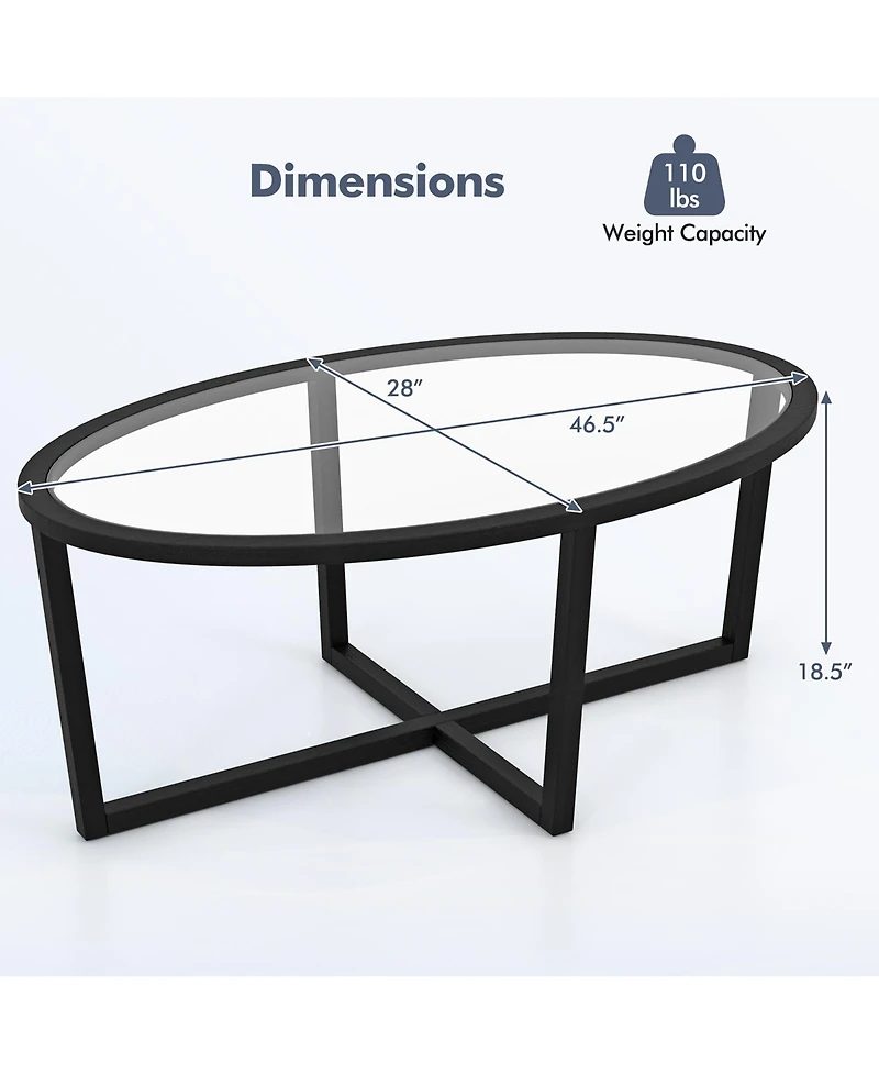 Gymax Modern Glass Coffee Table w/ Cross Base & Acacia Wood Legs for Small Spaces