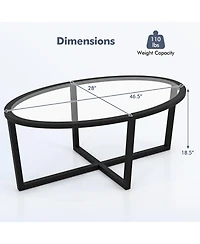 Gymax Modern Glass Coffee Table w/ Cross Base & Acacia Wood Legs for Small Spaces