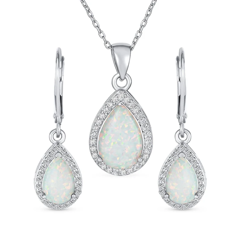 Bling Jewelry Cz Halo Solitaire White Opal Teardrop Pendant & Earrings Jewelry Set