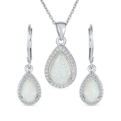 Bling Jewelry Cz Halo Solitaire White Opal Teardrop Pendant & Earrings Jewelry Set