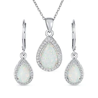 Bling Jewelry Cz Halo Solitaire White Opal Teardrop Pendant & Earrings Jewelry Set