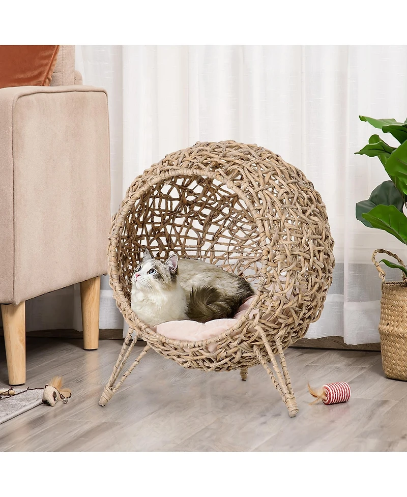 20.5" Weaved Cat Bed, Elevated Hand-woven Braided Banana Leaf Kitten House Condo with Cushion, Beige