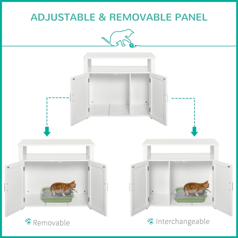 Wooden Cat Litter Box Enclosure Furniture with Adjustable Partition, Cat Washroom End Table with Open Shelf, White