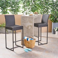 Transitional Outdoor Wicker Barstools With Powder-Coated Iron Frame (Set Of 2)