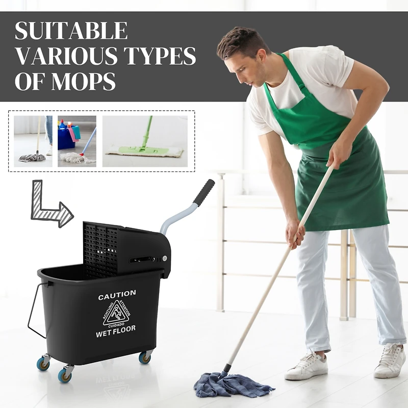 Mop Bucket with Wringer on Wheels for Floor Cleaning, 21 Quart, Separate Dirty and Clean Water, Black