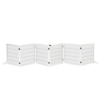 Wooden Dog Gate, 170" Freestanding Pet Gate, 6-Panel Foldable Dog Safety Barrier with 2 Support Feet for House Doorway Stairs, Small and Medium D
