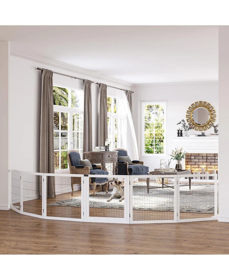 Wooden Dog Gate, 170" Freestanding Pet Gate, 6-Panel Foldable Dog Safety Barrier with 2 Support Feet for House Doorway Stairs, Small and Medium D