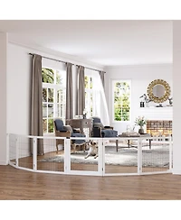 Wooden Dog Gate, 170" Freestanding Pet Gate, 6-Panel Foldable Dog Safety Barrier with 2 Support Feet for House Doorway Stairs, Small and Medium D