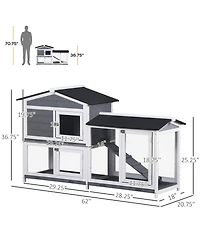 62" Rabbit Hutch, Wooden Bunny Hutch, Guinea Pig Cage, Small Animal Enclosure with Run Area, Removable Tray, Asphalt Roof, Lockable Doors and Ram