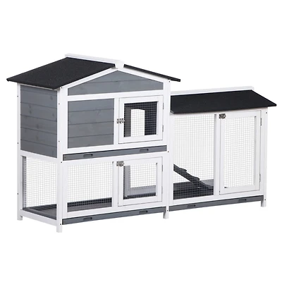 62" Rabbit Hutch, Wooden Bunny Hutch, Guinea Pig Cage, Small Animal Enclosure with Run Area, Removable Tray, Asphalt Roof, Lockable Doors and Ram