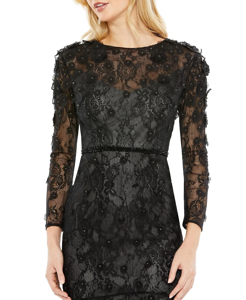 Women's Floral Applique Long Sleeve Cocktail Dress