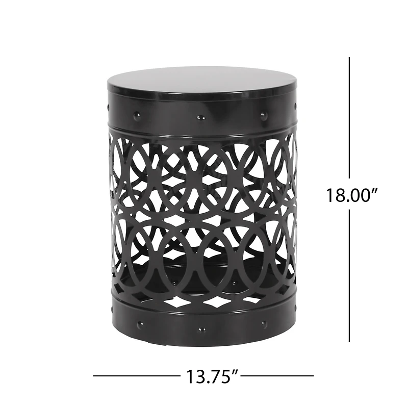 Modern Cylindrical Metal End Table With Iron-Cut Design