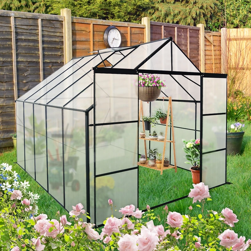 8x10FT Double Door Polycarbonate Greenhouse Raised Base and Anchor Aluminum Heavy Duty Walk-in Greenhouses for Outdoor Backyard in All Season, Black