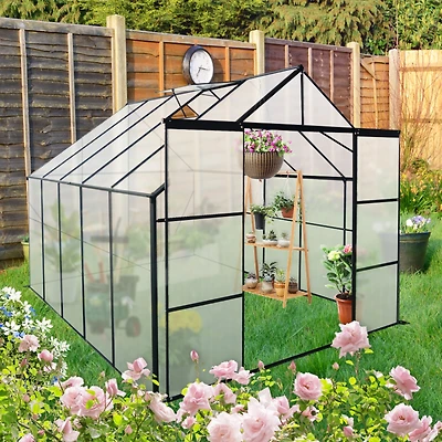 8x10FT Double Door Polycarbonate Greenhouse Raised Base and Anchor Aluminum Heavy Duty Walk-in Greenhouses for Outdoor Backyard in All Season, Black