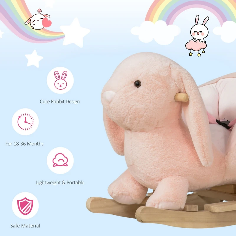 Rabbit Wooden Rocking Horse with Simulated Sound, Wooden Base, Seat Belt, Plush Stuffed Rocking Chair for Baby, Toddler, 18-36 Months, Pink