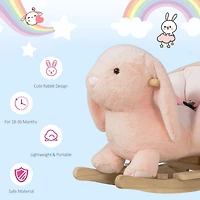 Rabbit Wooden Rocking Horse with Simulated Sound, Wooden Base, Seat Belt, Plush Stuffed Rocking Chair for Baby, Toddler, 18-36 Months, Pink